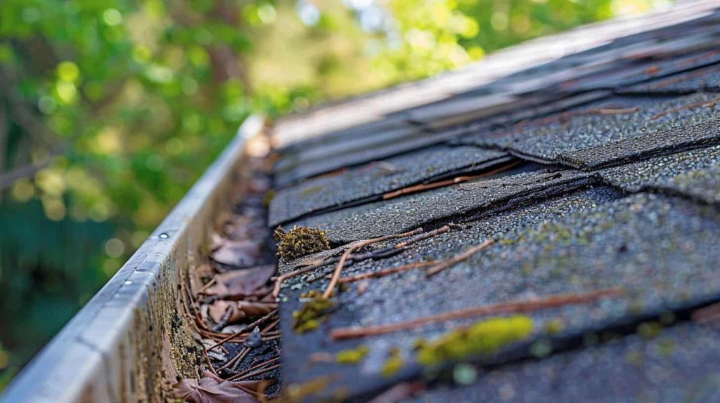 Gutters filled with leaves and debris, leading to homeowners questioning "how do you clean gutters safely?"