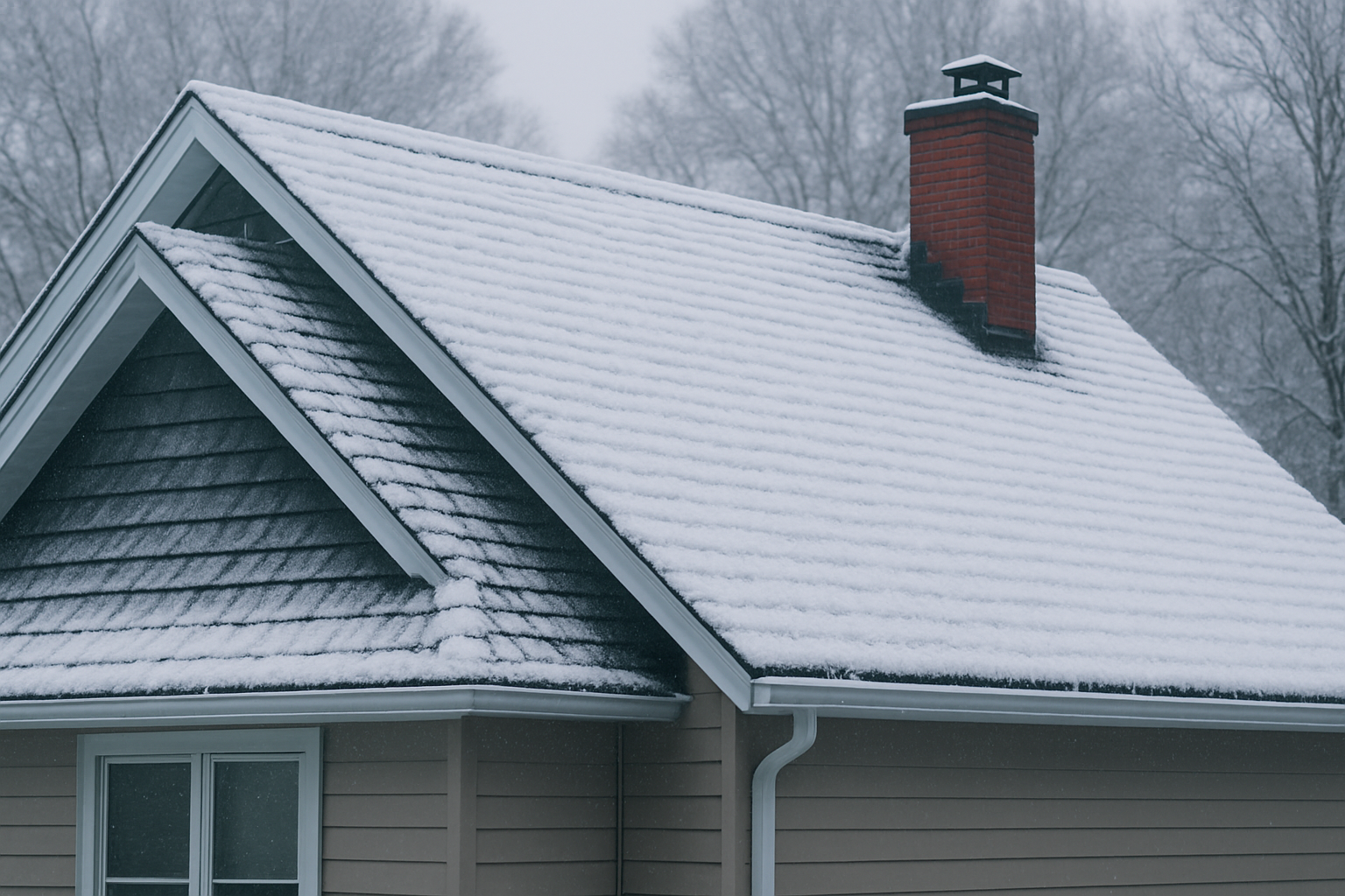 A residential roof covered with snow in response to the question "Can you replace a roof in Winter?"