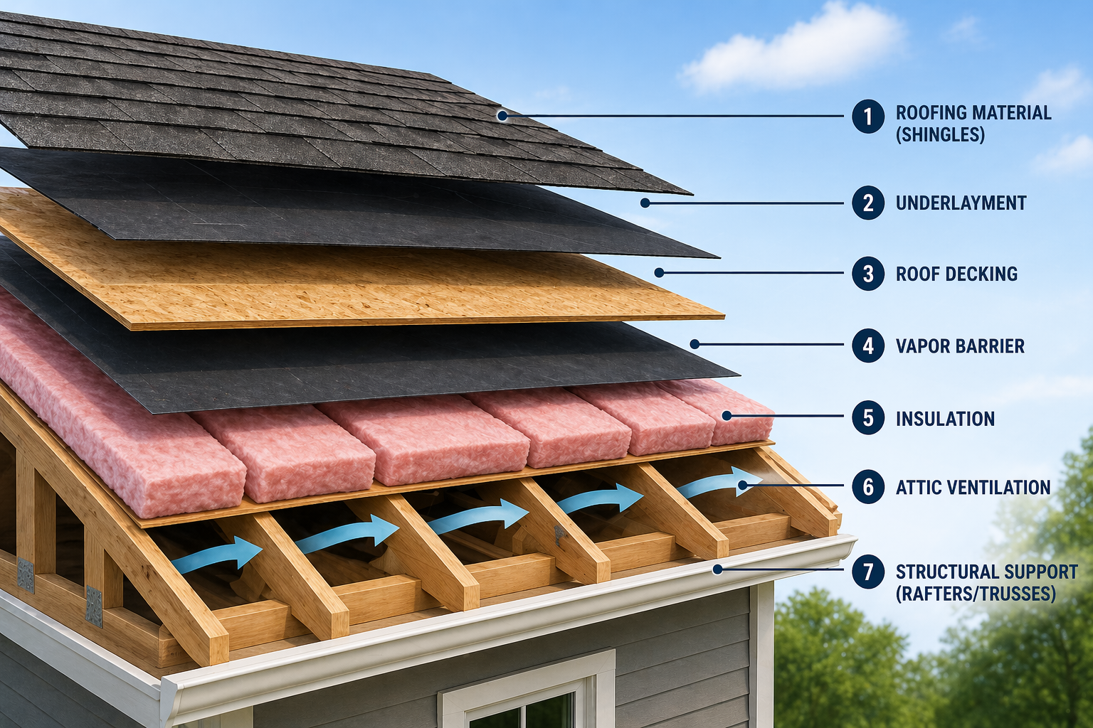 A graphic showing the layers of a roof