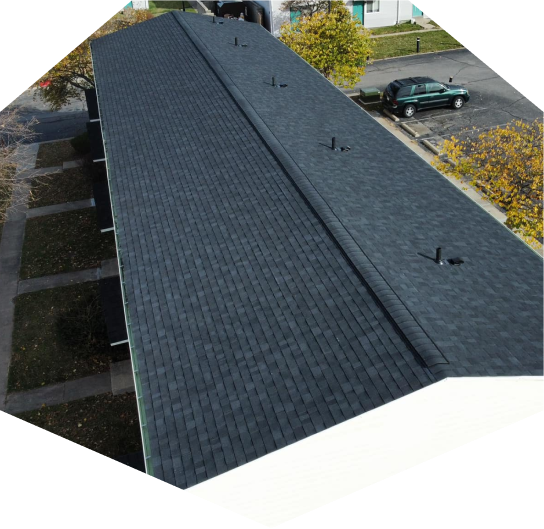 Aerial view of a shingled roof.