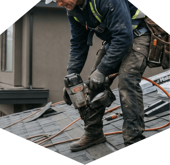 Worker installing shingles on roof.