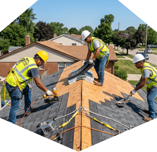 Workers installing shingles on roof